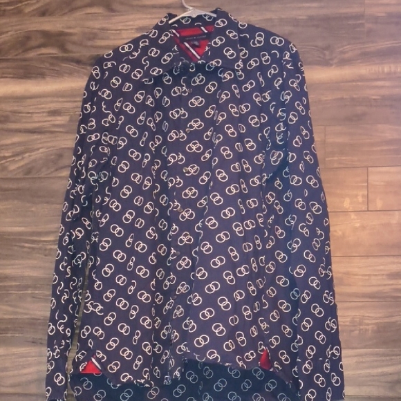 Tommy Hilfiger - Navy Blue "Interlocking Ring Print"  Long Sleeve Button Down - Picture 5 of 8